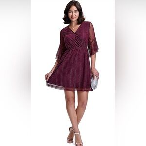 Sese Code Plum Purple Metallic Flutter Sleeve V-Neck Chiffon Faux Wrap Dress XXL